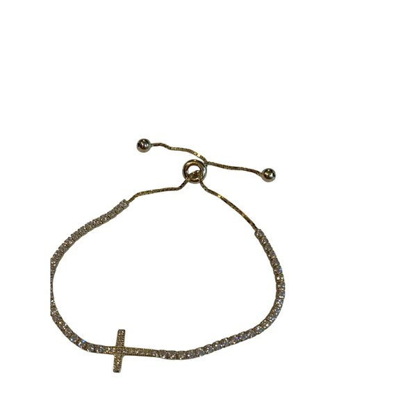 Adjustable Goldtone Cross Bracelet Clear Rhinestones - Picture 3 of 5